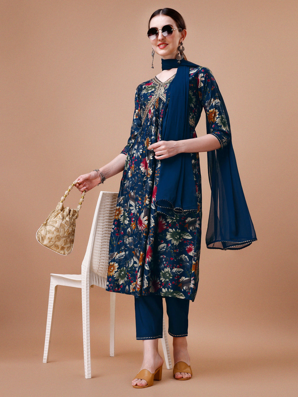 Alia Cut Floral Printed Embroidered Kurta With Pant & Dupatta, Multicolor - Hiral Fashion | Grocsy