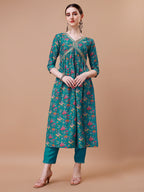 Alia Cut Embroidered & Floral Printed Kurta With Pant & Dupatta, Multicolor - Hiral Fashion | Grocsy