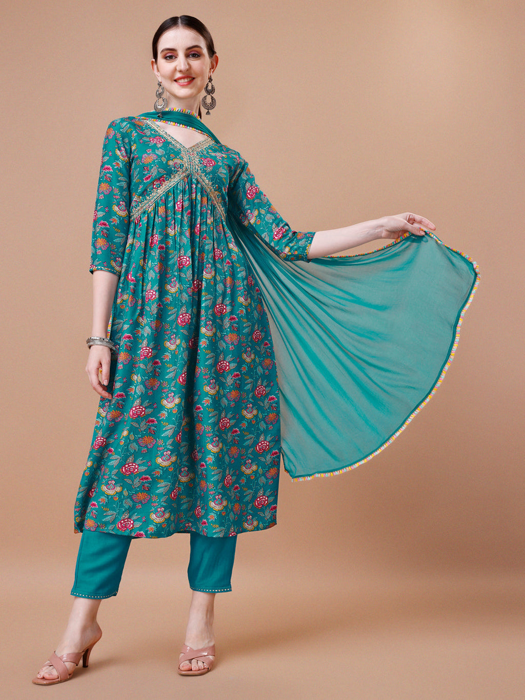Alia Cut Embroidered & Floral Printed Kurta With Pant & Dupatta, Multicolor - Hiral Fashion | Grocsy