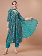 Alia Cut Embroidered & Floral Printed Kurta With Pant & Dupatta, Multicolor - Hiral Fashion | Grocsy
