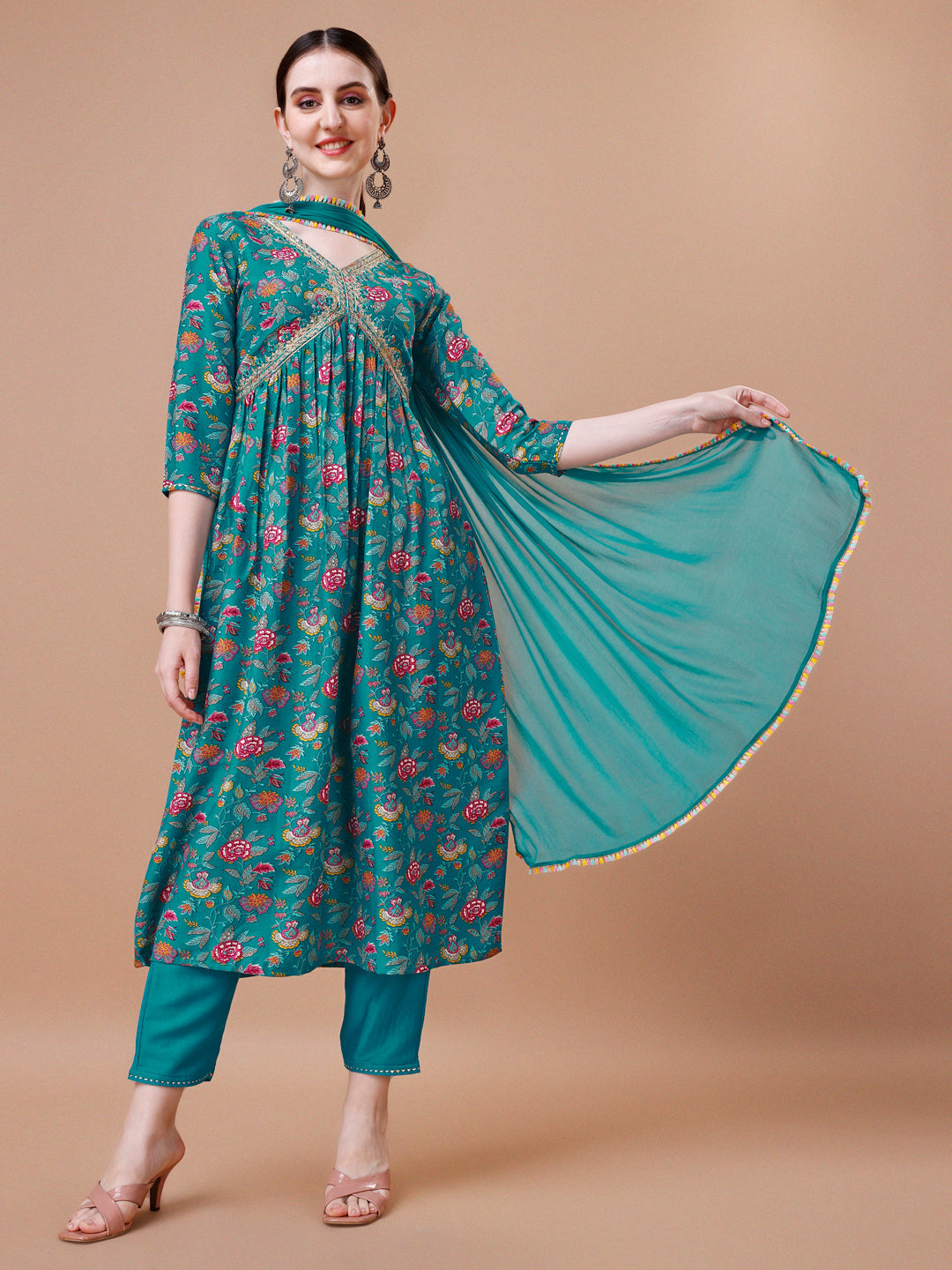 Alia Cut Embroidered & Floral Printed Kurta With Pant & Dupatta, Multicolor - Hiral Fashion | Grocsy