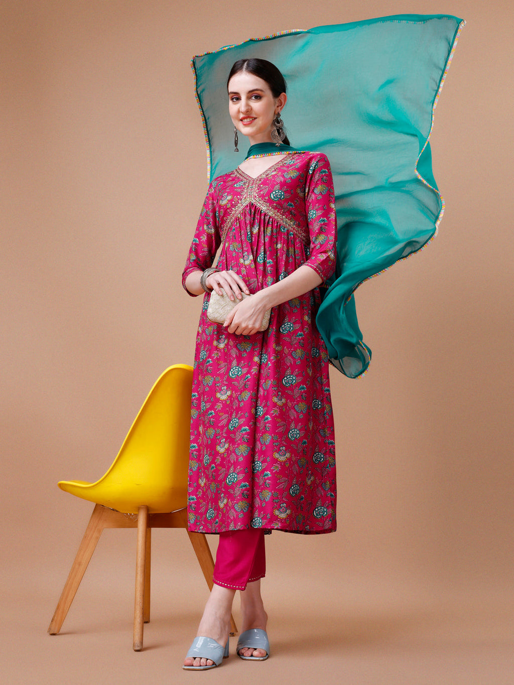Alia Cut Embroidered & Floral Printed Kurta With Pant & Dupatta, Multicolor - Hiral Fashion | Grocsy