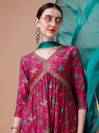 Alia Cut Embroidered & Floral Printed Kurta With Pant & Dupatta, Multicolor - Hiral Fashion | Grocsy