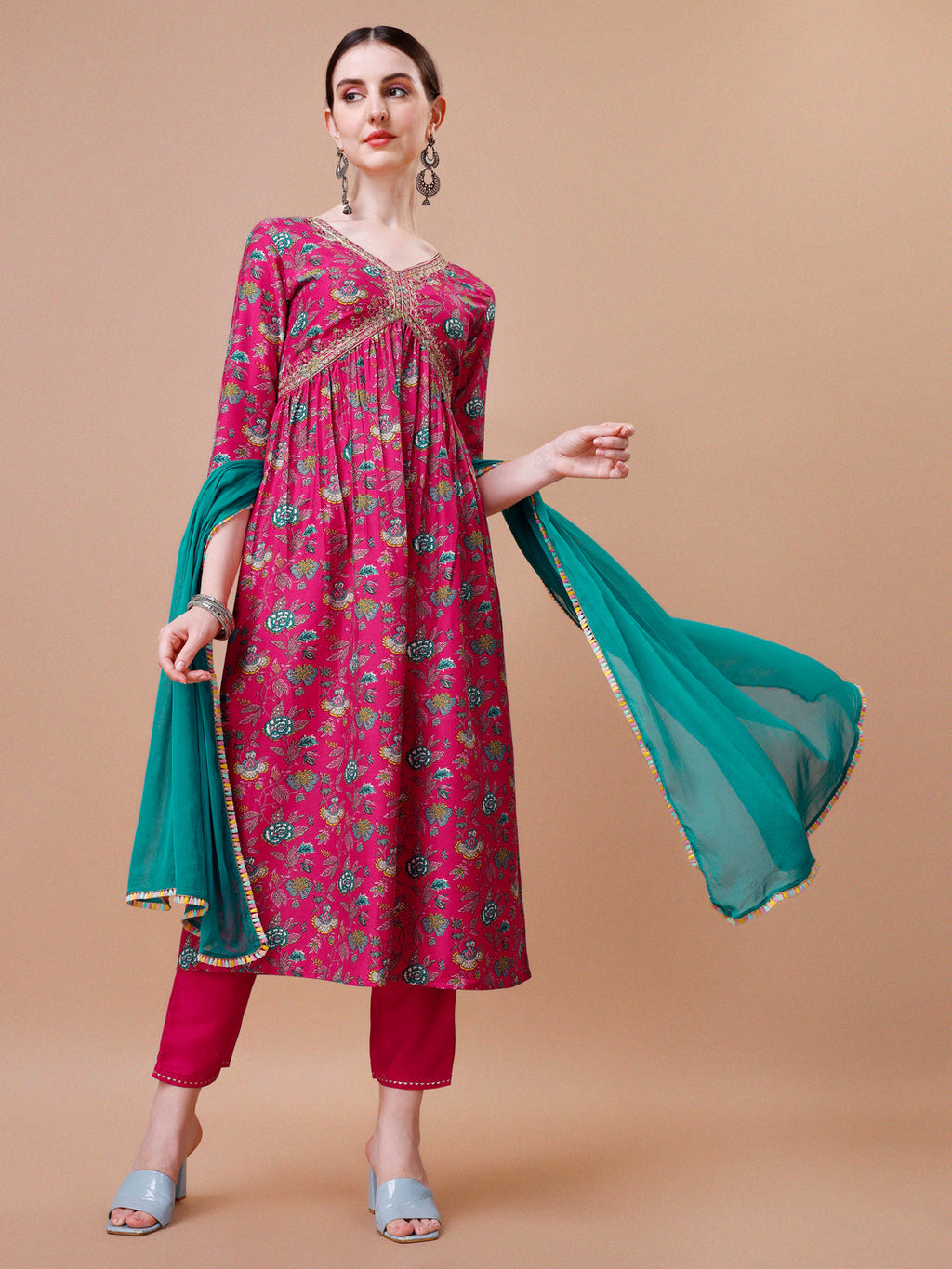 Alia Cut Embroidered & Floral Printed Kurta With Pant & Dupatta, Multicolor - Hiral Fashion | Grocsy