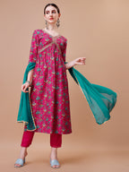 Alia Cut Embroidered & Floral Printed Kurta With Pant & Dupatta, Multicolor - Hiral Fashion | Grocsy