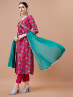 Alia Cut Embroidered & Floral Printed Kurta With Pant & Dupatta, Multicolor - Hiral Fashion | Grocsy