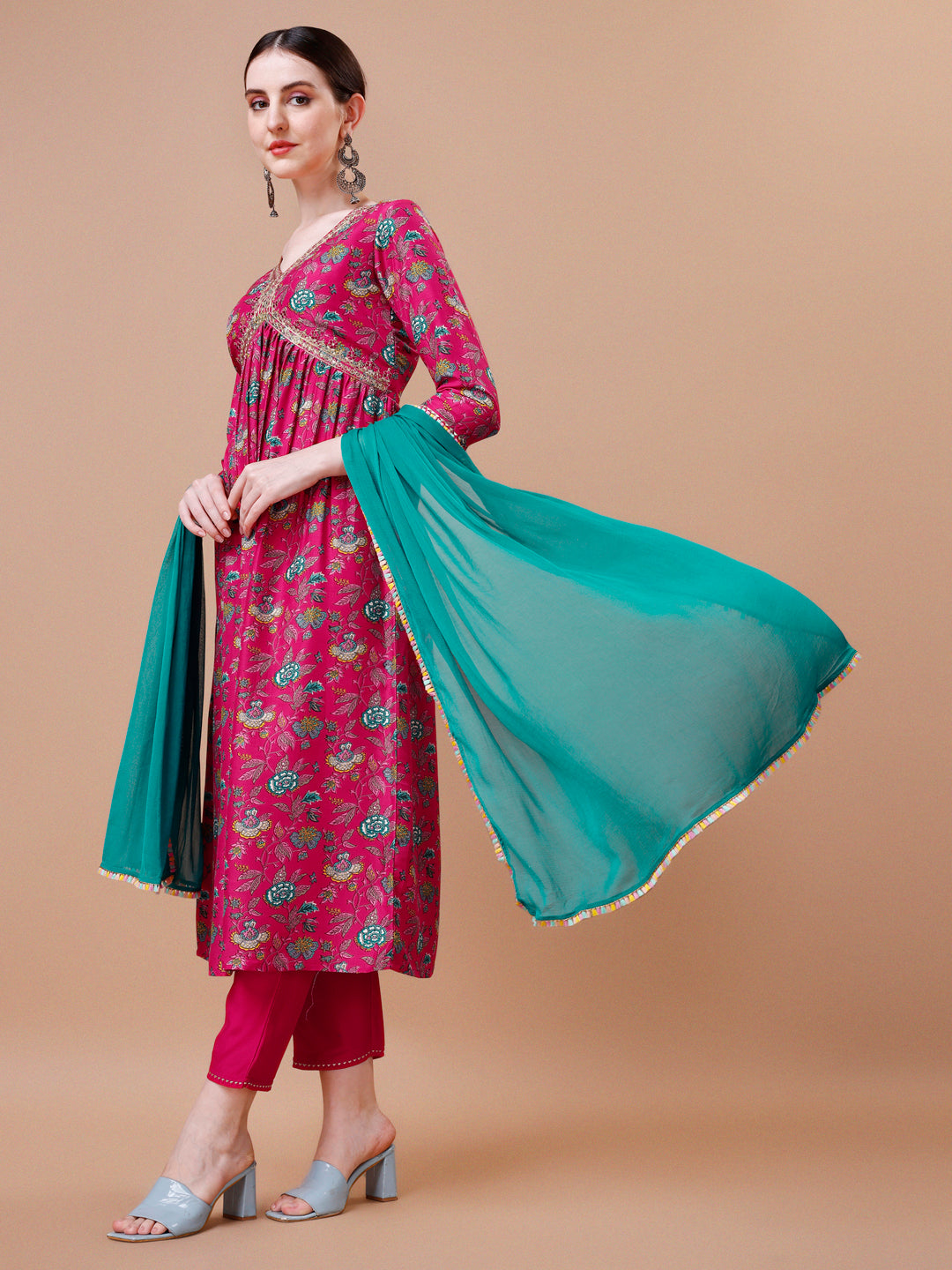 Alia Cut Embroidered & Floral Printed Kurta With Pant & Dupatta, Multicolor - Hiral Fashion | Grocsy