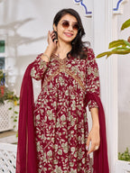Alia Cut Floral Embroidered Kurta With Pant & Dupatta, Multicolor - Hiral Fashion | Grocsy