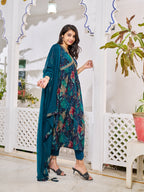 Alia Cut Embroidered & Floral Printed Kurta With Pant & Dupatta, Multicolor - Hiral Fashion | Grocsy