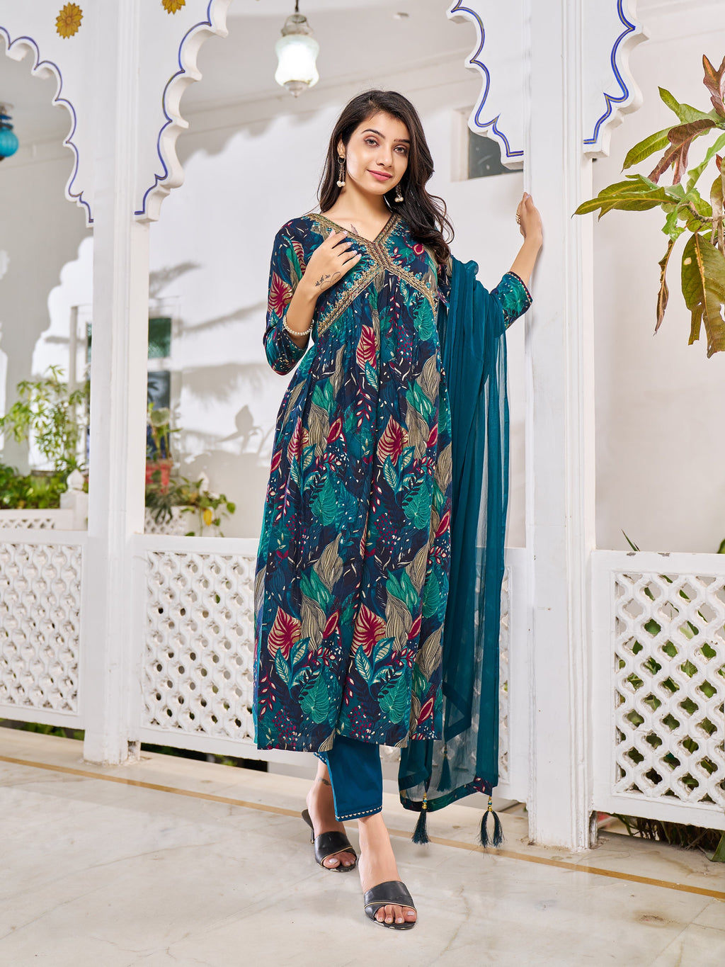 Alia Cut Embroidered & Floral Printed Kurta With Pant & Dupatta, Multicolor - Hiral Fashion | Grocsy