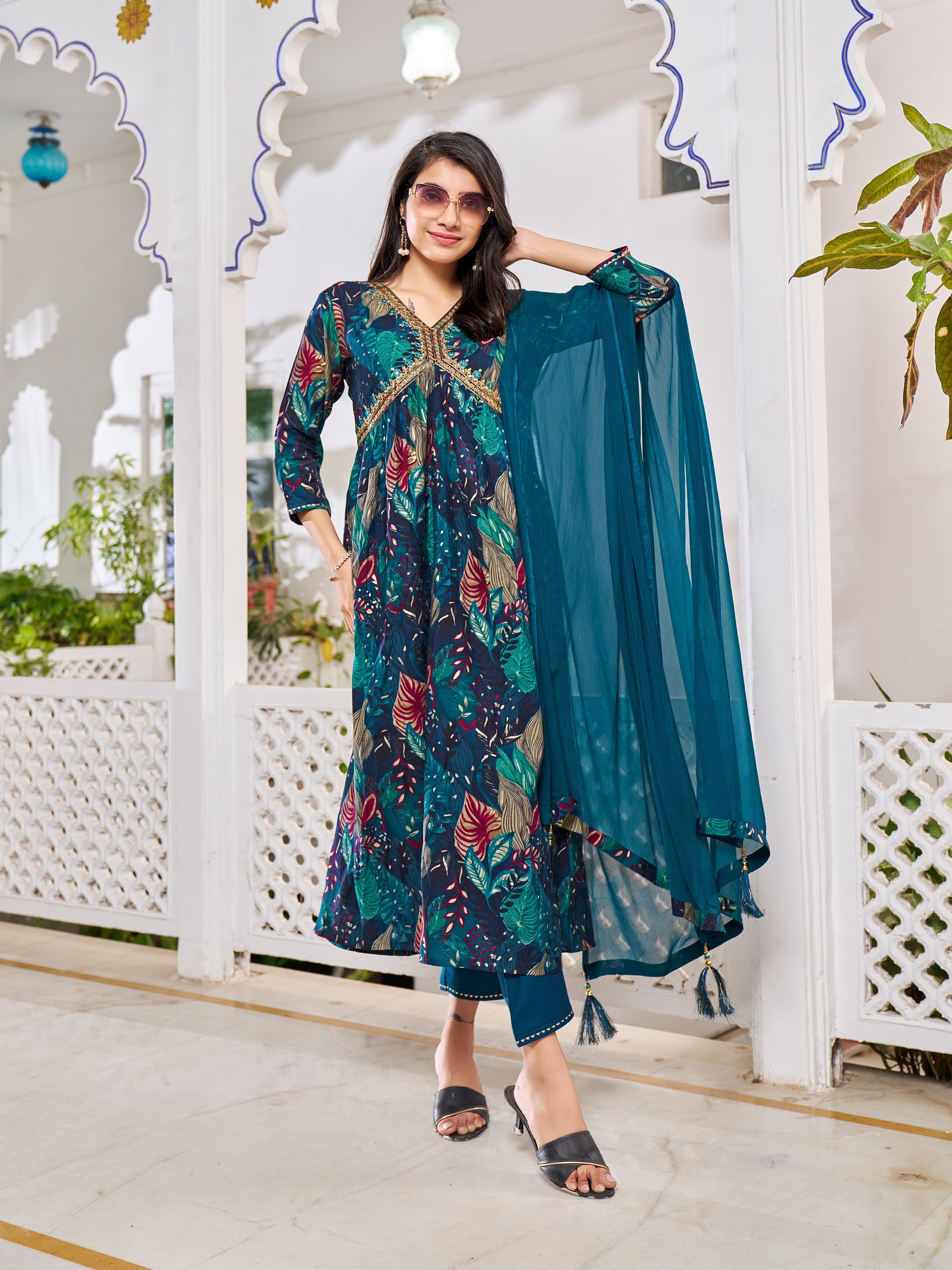 Alia Cut Embroidered & Floral Printed Kurta With Pant & Dupatta, Multicolor - Hiral Fashion | Grocsy