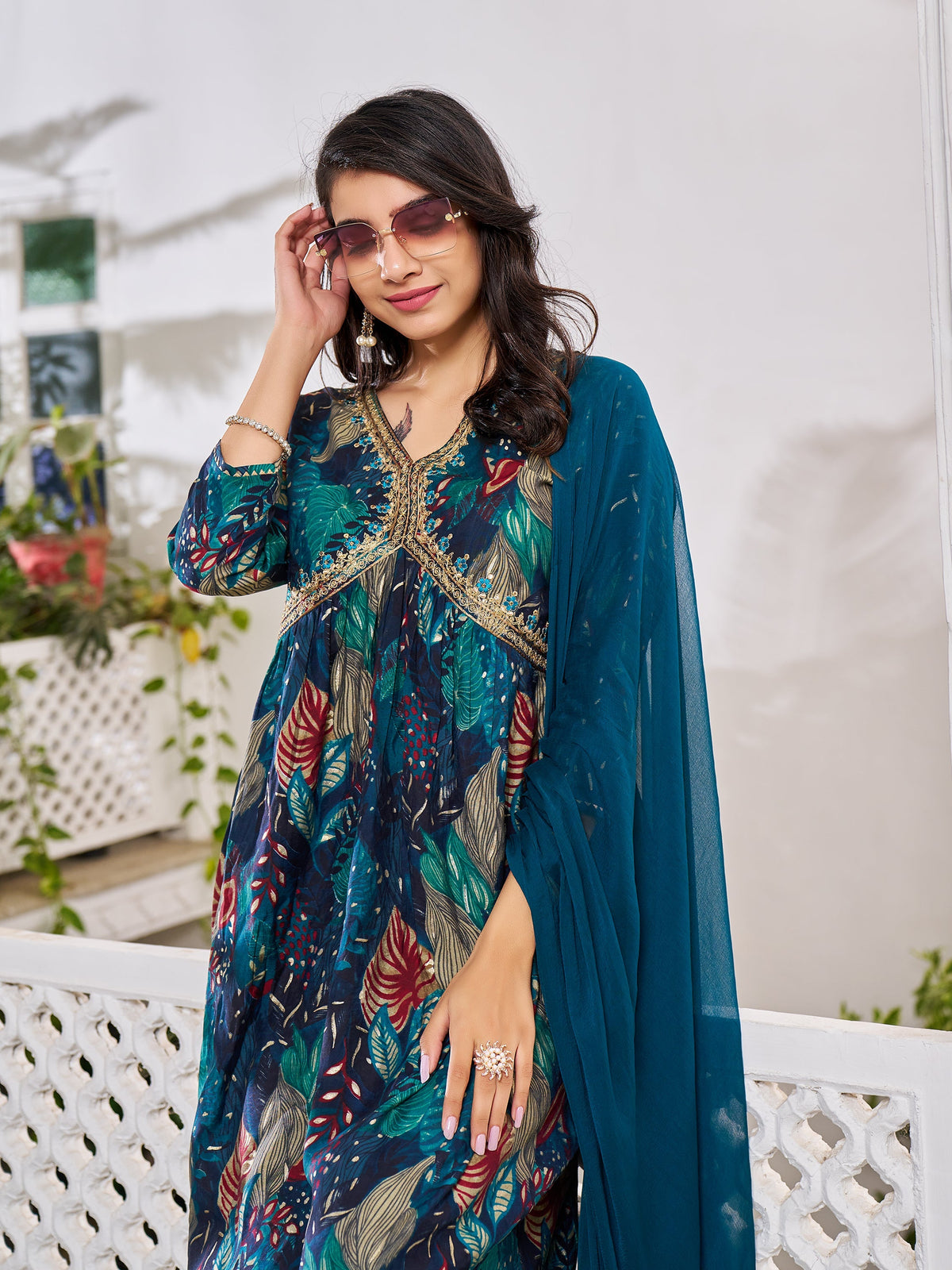 Alia Cut Embroidered & Floral Printed Kurta With Pant & Dupatta, Multicolor - Hiral Fashion | Grocsy