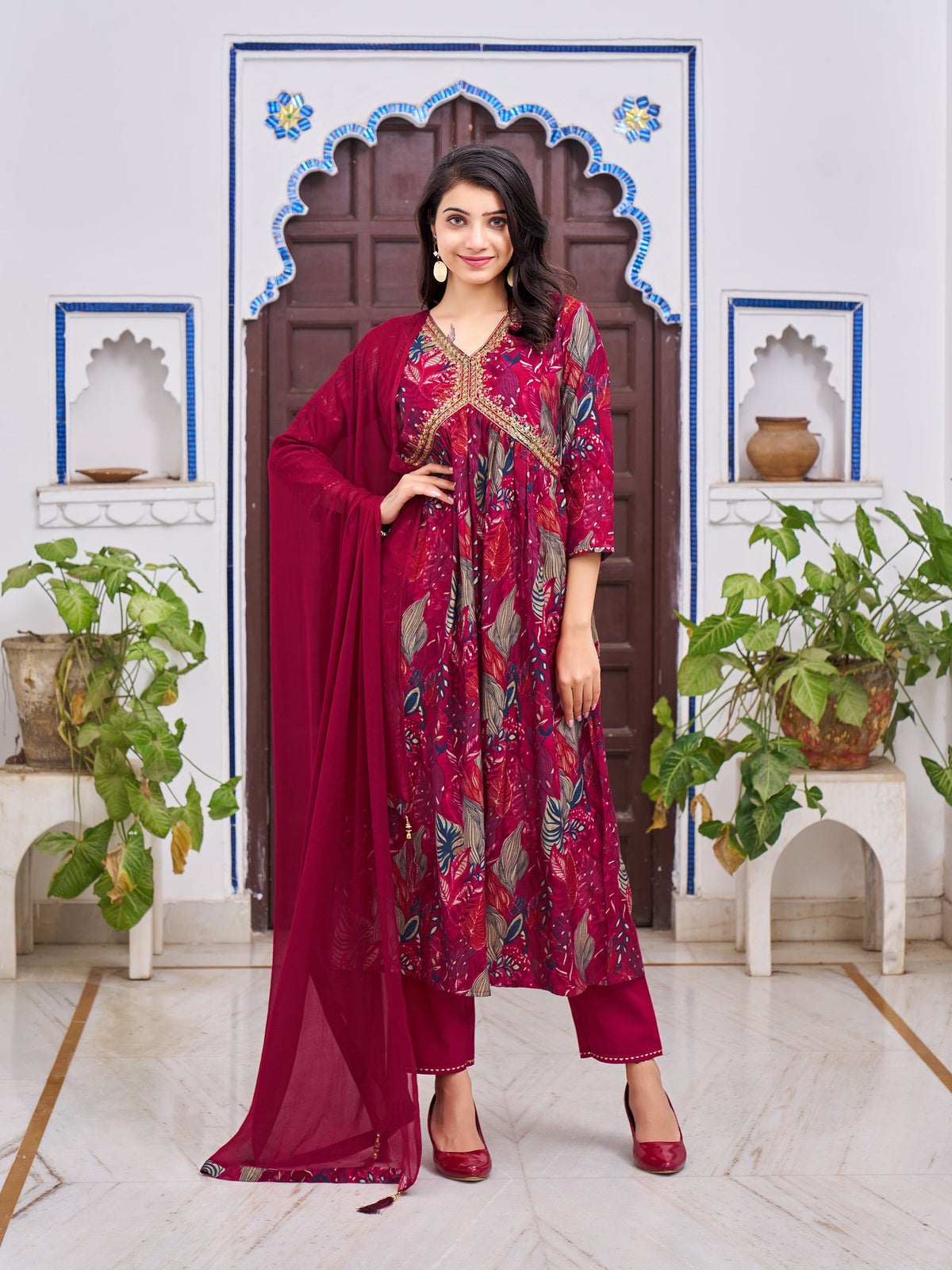 Alia Cut Embroidered & Floral Printed Kurta With Pant & Dupatta, Multicolor - Hiral Fashion | Grocsy