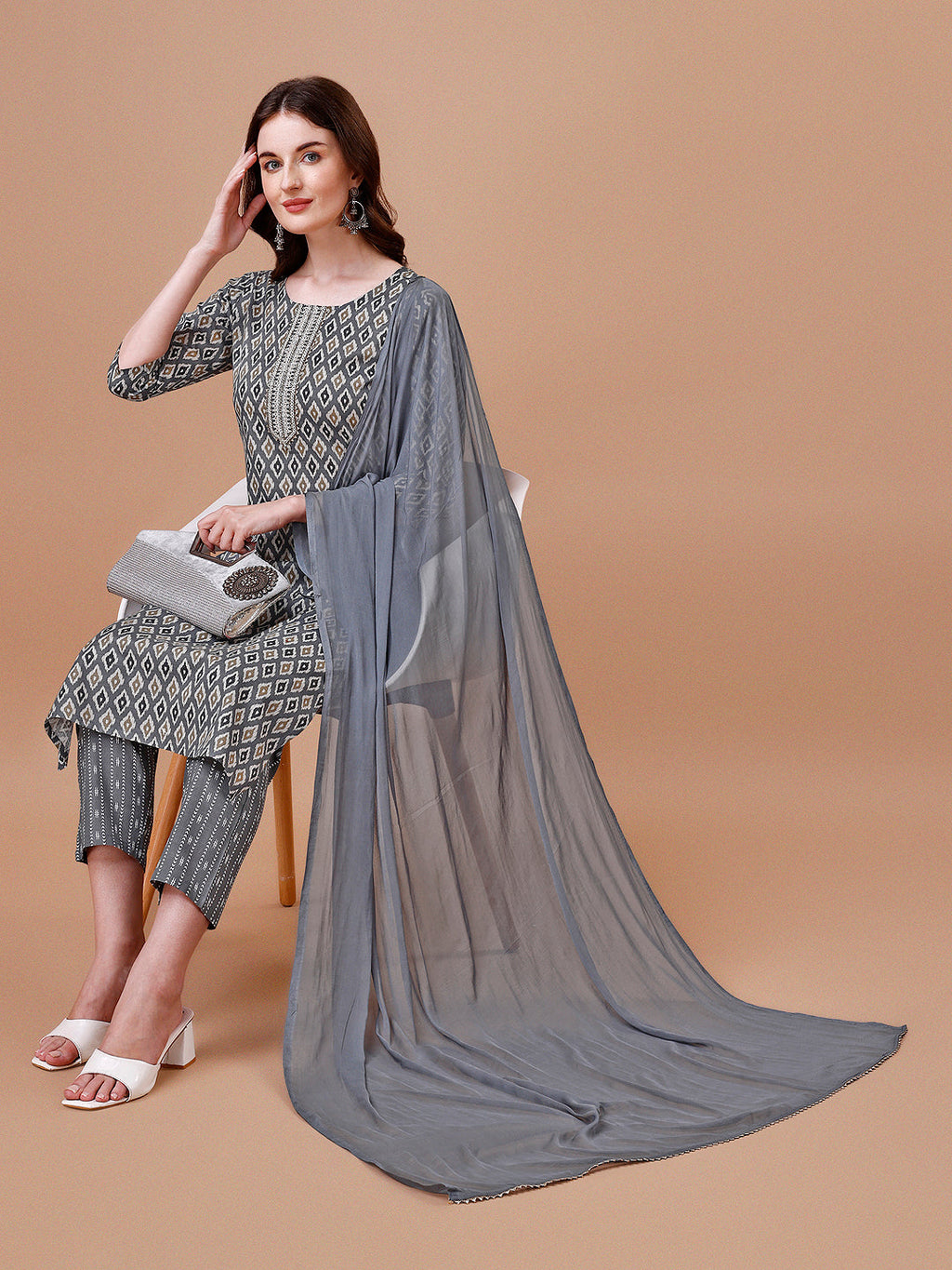 Ethnic Motifs Printed Cotton Kurta With Pant & Dupatta, Multicolor - Hiral Fashion | Grocsy