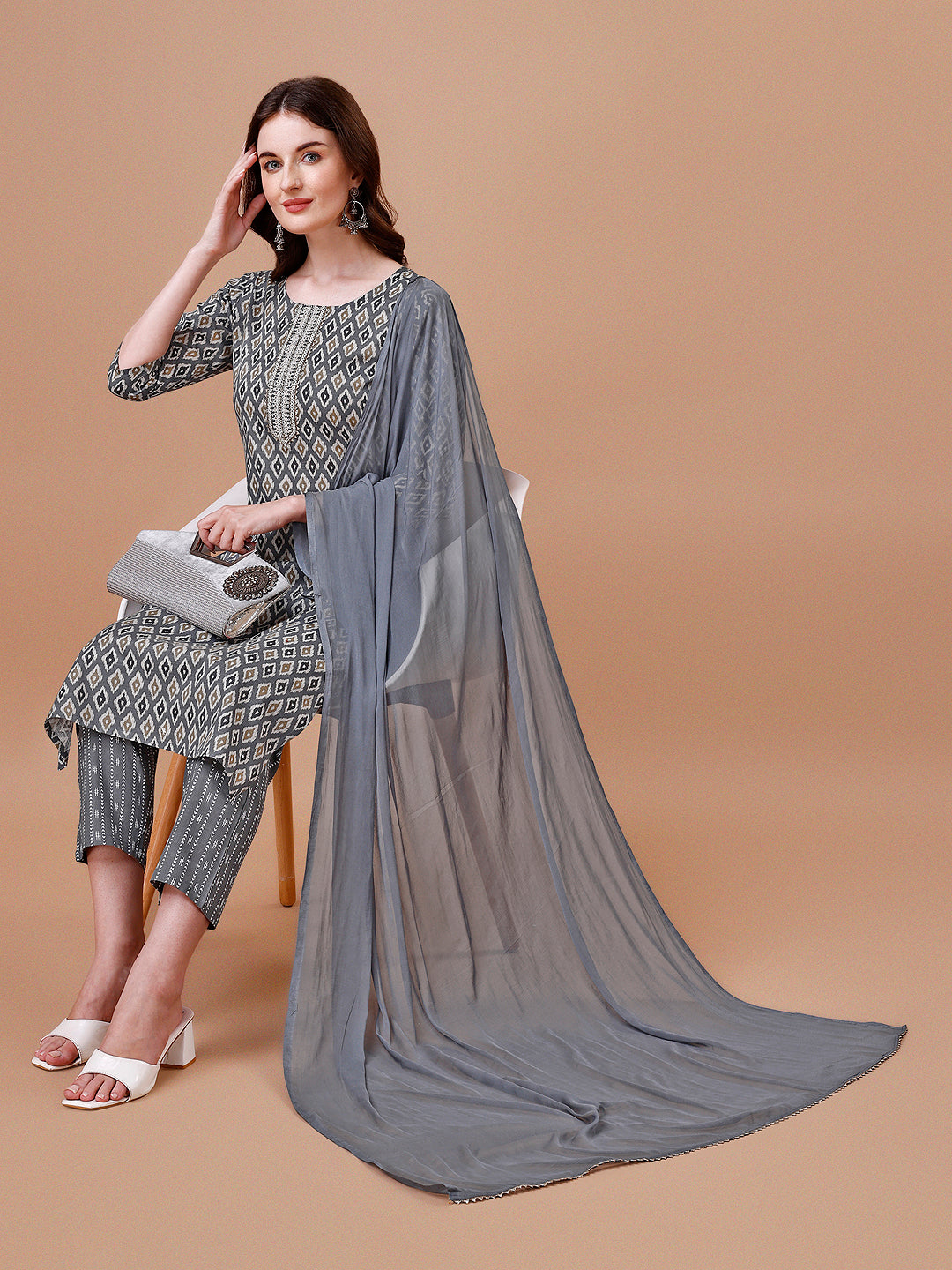 Ethnic Motifs Printed Cotton Kurta With Pant & Dupatta, Multicolor - Hiral Fashion | Grocsy