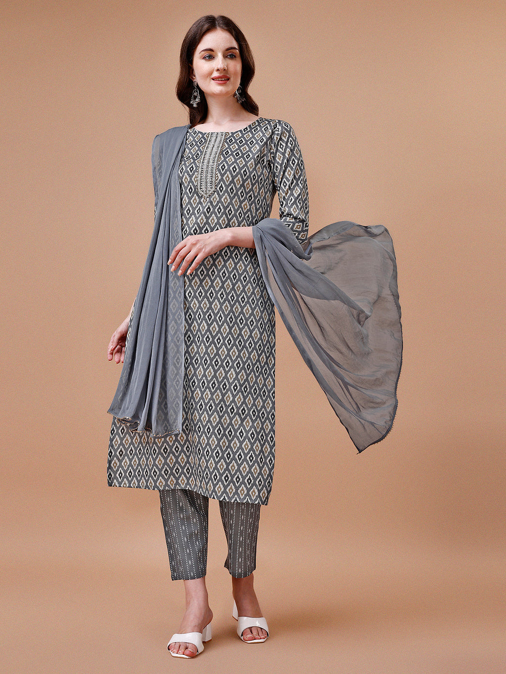 Ethnic Motifs Printed Cotton Kurta With Pant & Dupatta, Multicolor - Hiral Fashion | Grocsy