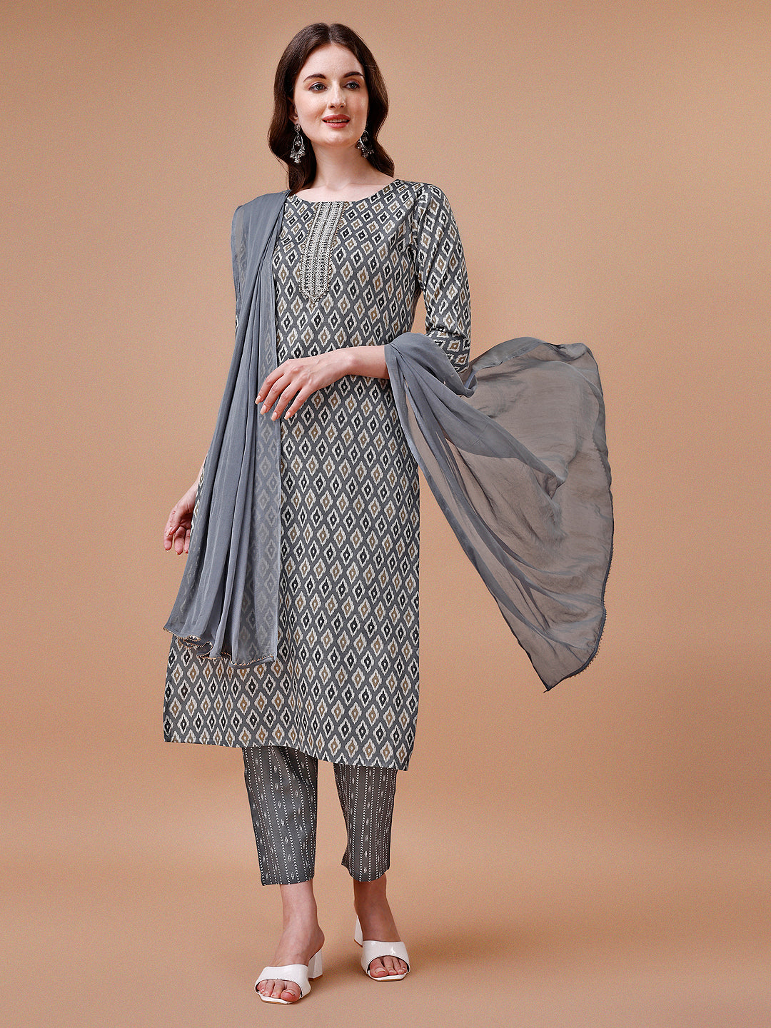 Ethnic Motifs Printed Cotton Kurta With Pant & Dupatta, Multicolor - Hiral Fashion | Grocsy