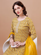 Ethnic Motifs Printed Cotton Kurta With Pant & Dupatta, Multicolor - Hiral Fashion | Grocsy