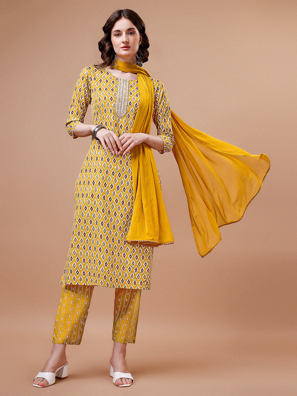 Ethnic Motifs Printed Cotton Kurta With Pant & Dupatta, Multicolor - Hiral Fashion | Grocsy