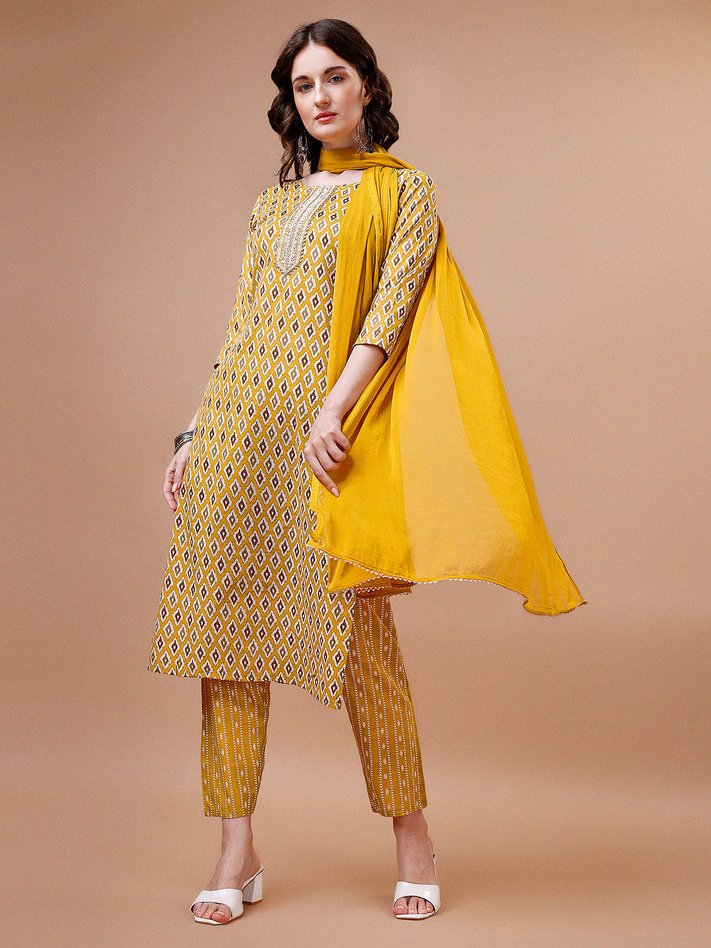 Ethnic Motifs Printed Cotton Kurta With Pant & Dupatta, Multicolor - Hiral Fashion | Grocsy