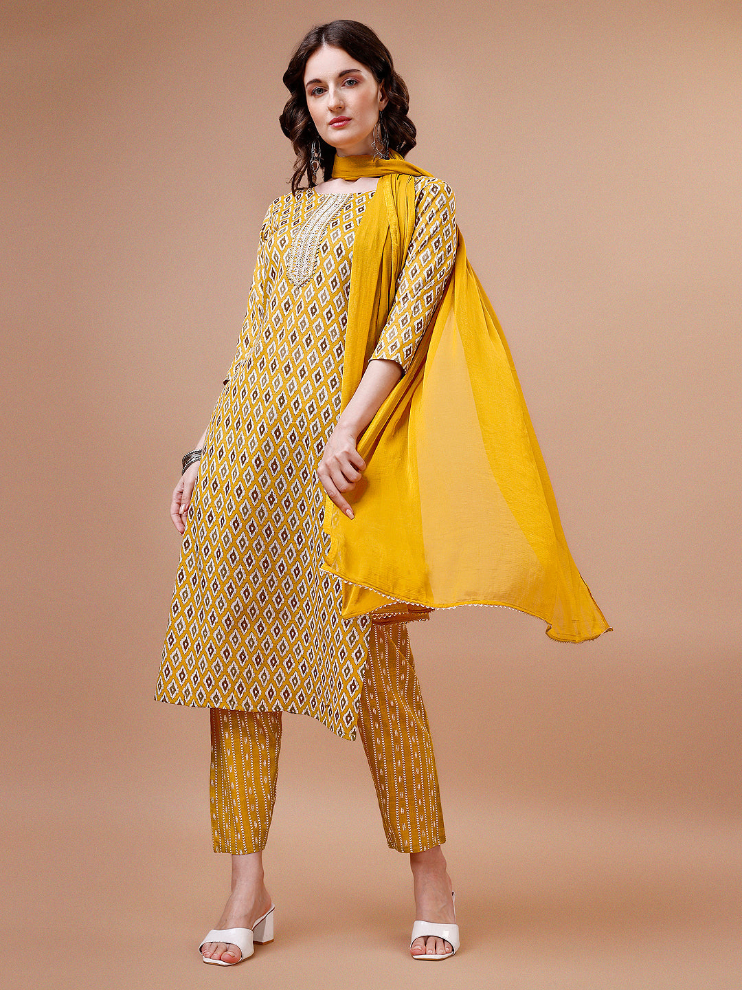 Ethnic Motifs Printed Cotton Kurta With Pant & Dupatta, Multicolor - Hiral Fashion | Grocsy