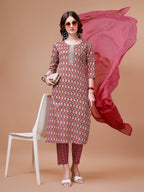 Ethnic Motifs Printed Cotton Kurta With Pant & Dupatta, Multicolor - Hiral Fashion | Grocsy