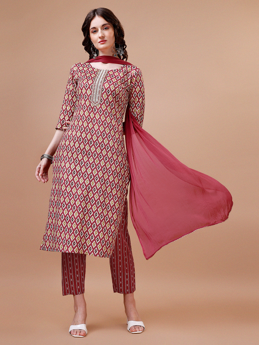 Ethnic Motifs Printed Cotton Kurta With Pant & Dupatta, Multicolor - Hiral Fashion | Grocsy