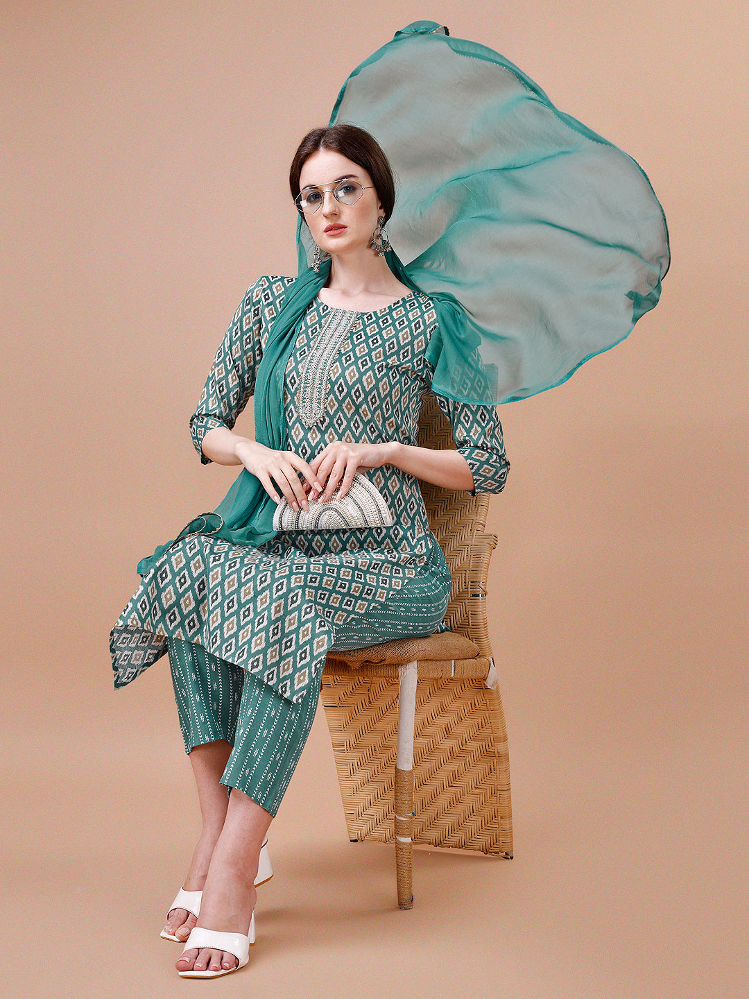 Ethnic Motifs Printed Cotton Kurta With Pant & Dupatta, Multicolor - Hiral Fashion | Grocsy