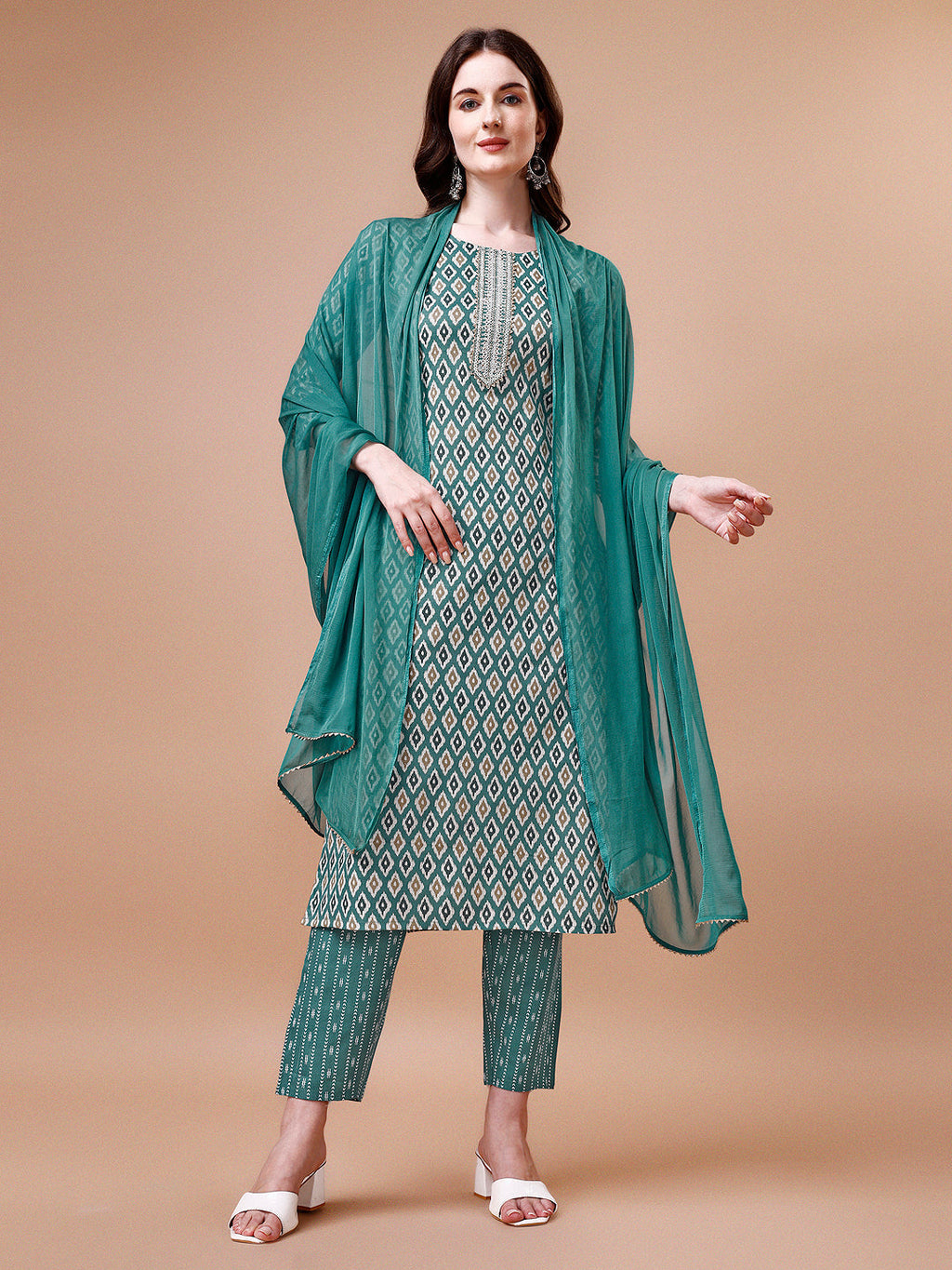 Ethnic Motifs Printed Cotton Kurta With Pant & Dupatta, Multicolor - Hiral Fashion | Grocsy