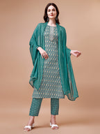 Ethnic Motifs Printed Cotton Kurta With Pant & Dupatta, Multicolor - Hiral Fashion | Grocsy