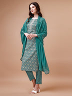 Ethnic Motifs Printed Cotton Kurta With Pant & Dupatta, Multicolor - Hiral Fashion | Grocsy