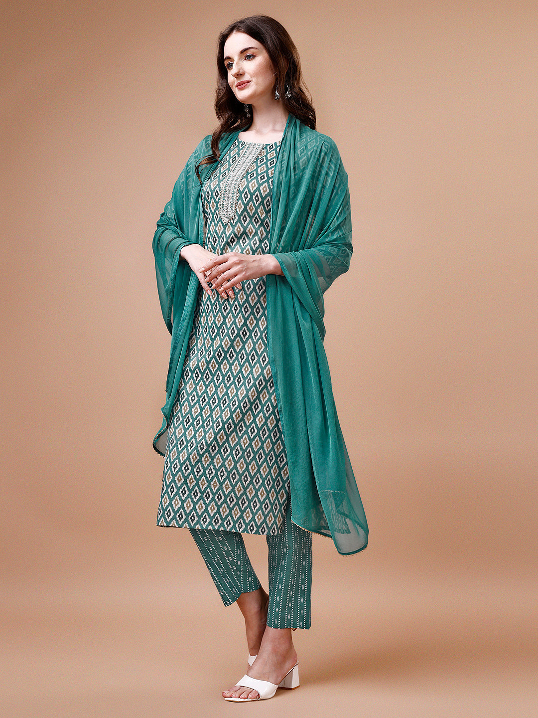 Ethnic Motifs Printed Cotton Kurta With Pant & Dupatta, Multicolor - Hiral Fashion | Grocsy