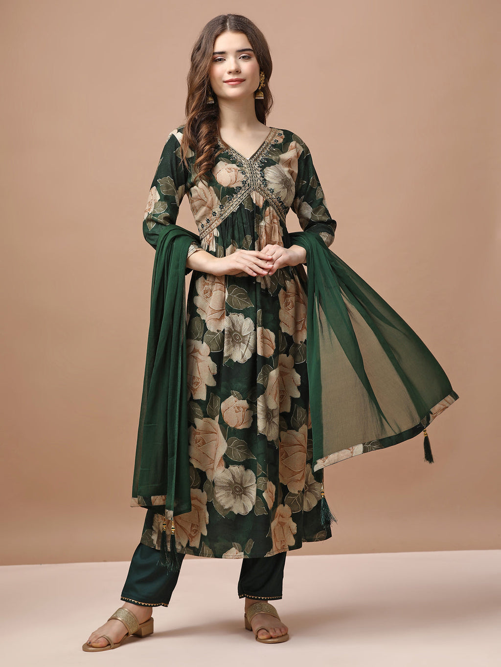 Alia Cut Rayon Embroidered & Floral Printed Kurta With Pant & Dupatta Premium, Multicolor - Hiral Fashion | Grocsy