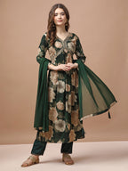 Alia Cut Rayon Embroidered & Floral Printed Kurta With Pant & Dupatta Premium, Multicolor - Hiral Fashion | Grocsy