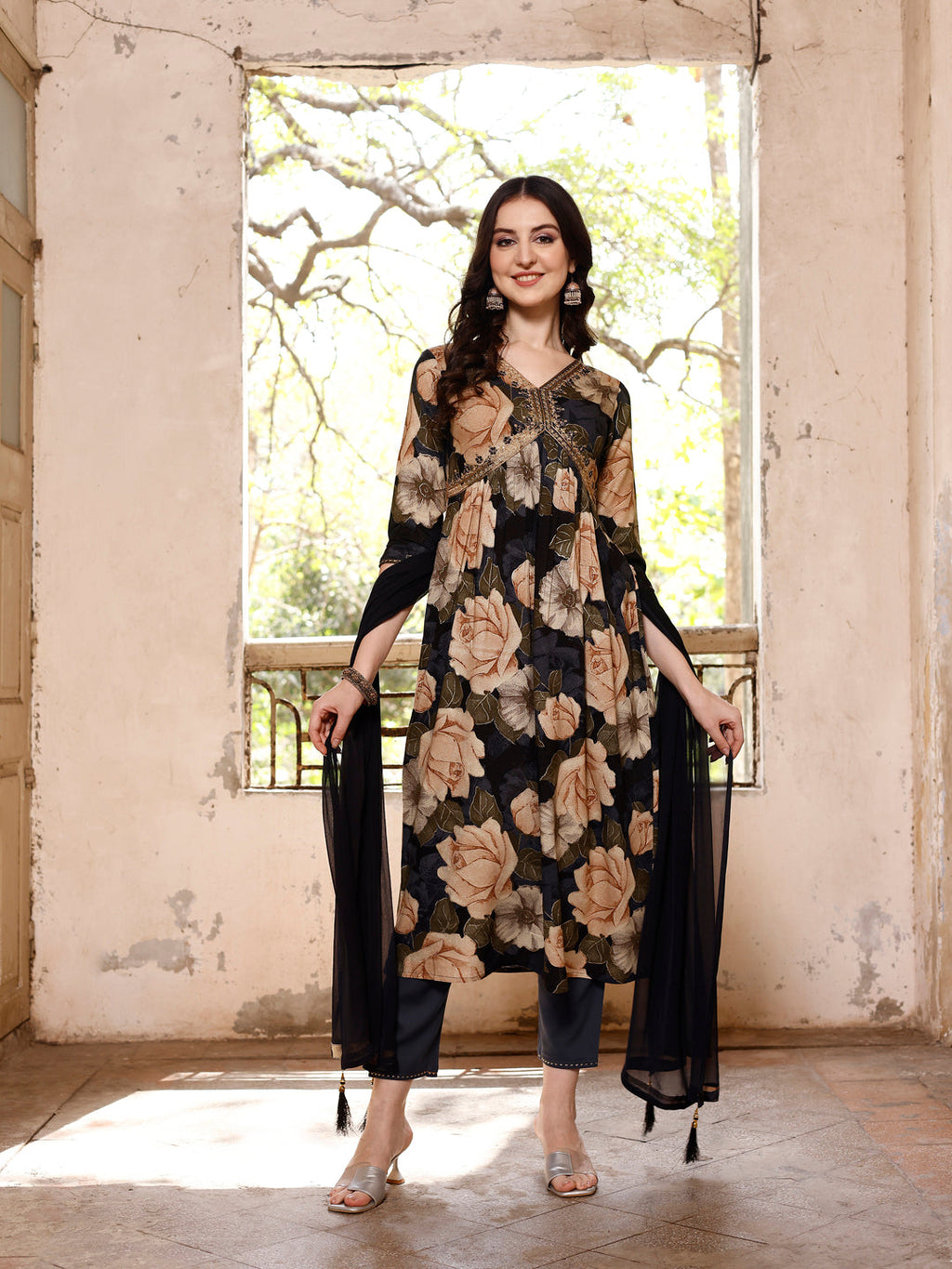 Alia Cut Rayon Embroidered & Floral Printed Kurta With Pant & Dupatta, Multicolor - Hiral Fashion | Grocsy