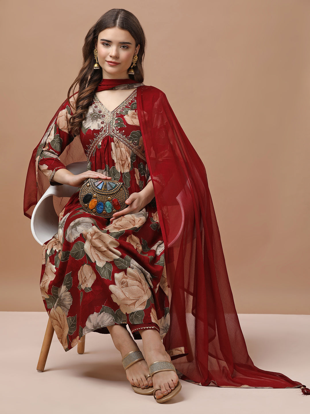 Alia Cut Rayon Embroidered & Floral Printed Kurta With Pant & Dupatta Premium, Multicolor - Hiral Fashion | Grocsy
