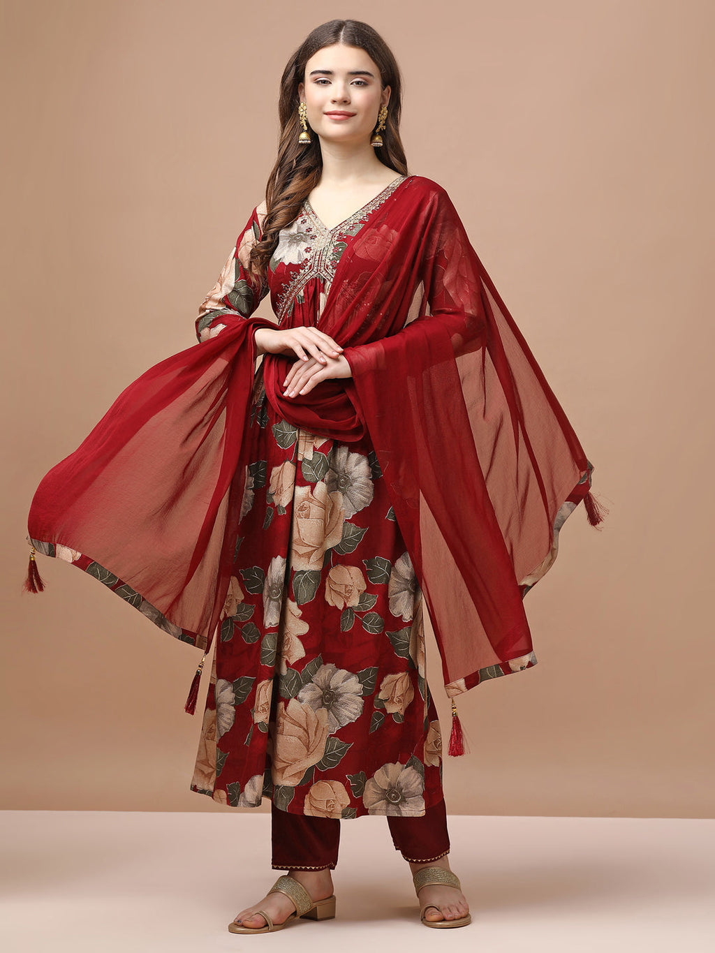 Alia Cut Rayon Embroidered & Floral Printed Kurta With Pant & Dupatta Premium, Multicolor - Hiral Fashion | Grocsy