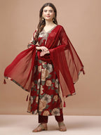 Alia Cut Rayon Embroidered & Floral Printed Kurta With Pant & Dupatta Premium, Multicolor - Hiral Fashion | Grocsy