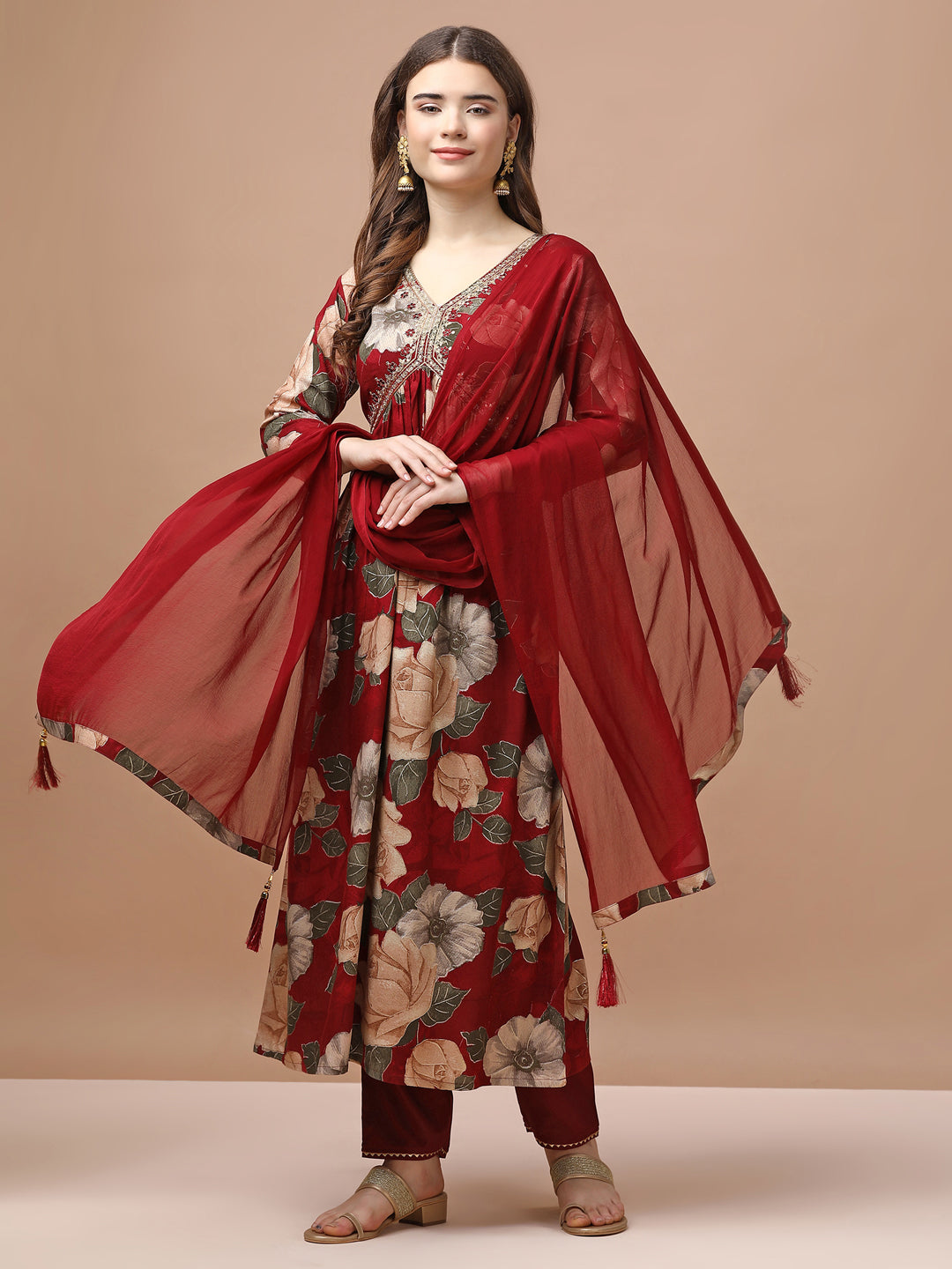 Alia Cut Rayon Embroidered & Floral Printed Kurta With Pant & Dupatta Premium, Multicolor - Hiral Fashion | Grocsy