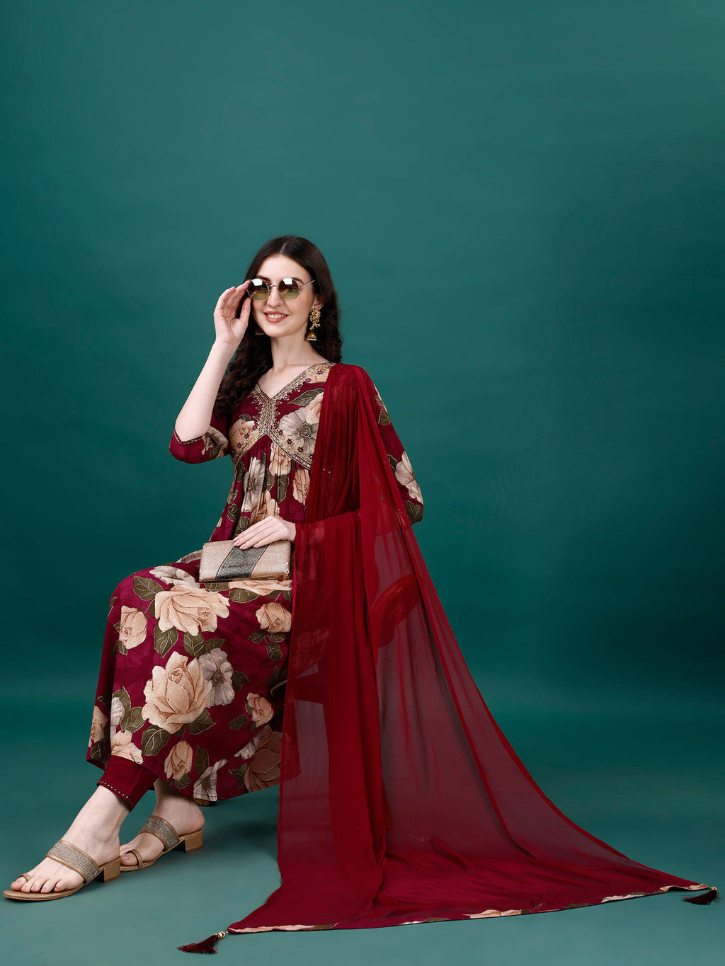 Alia Cut Rayon Embroidered & Floral Printed Kurta With Pant & Dupatta, Multicolor - Hiral Fashion | Grocsy