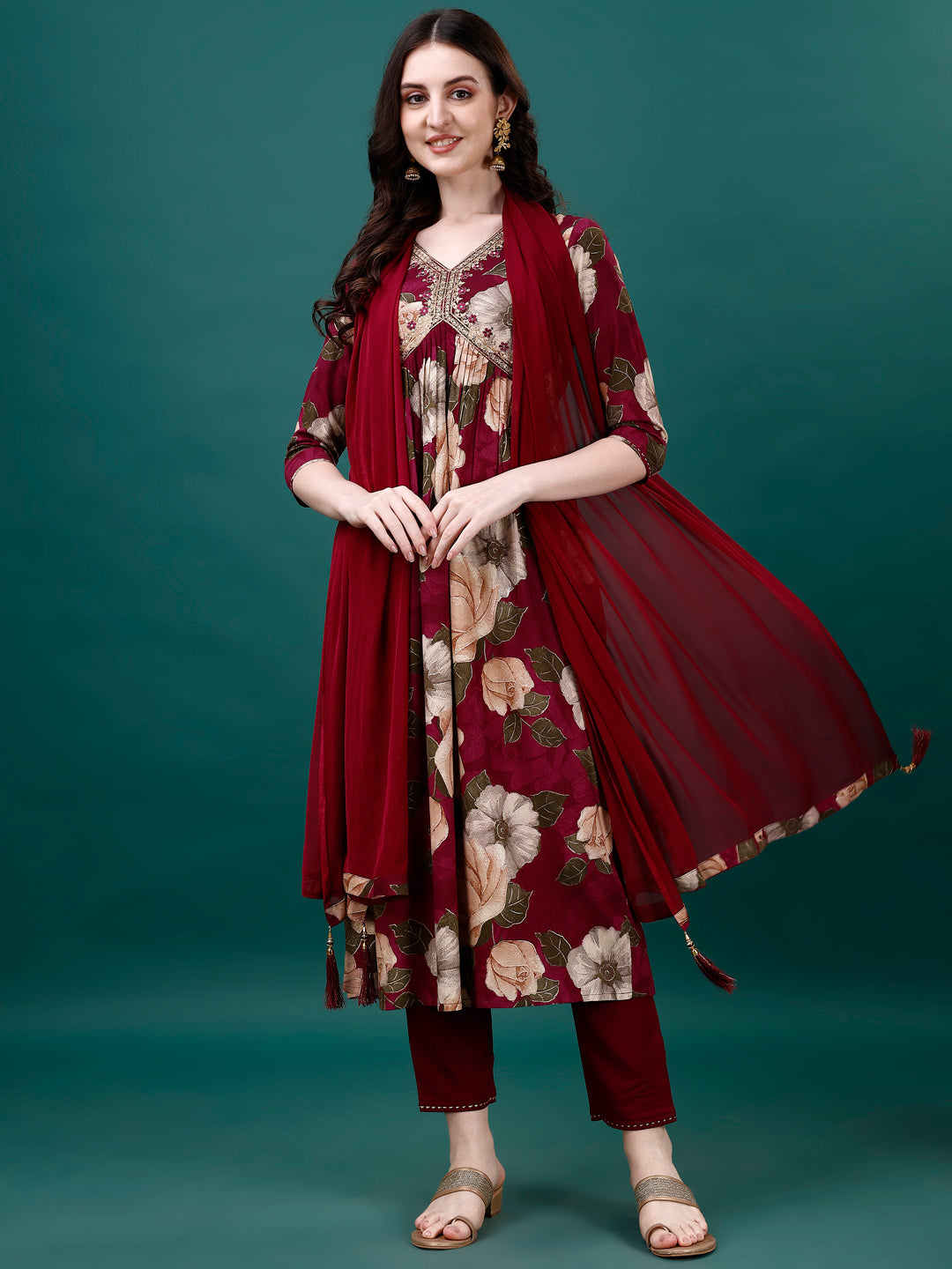 Alia Cut Rayon Embroidered & Floral Printed Kurta With Pant & Dupatta, Multicolor - Hiral Fashion | Grocsy