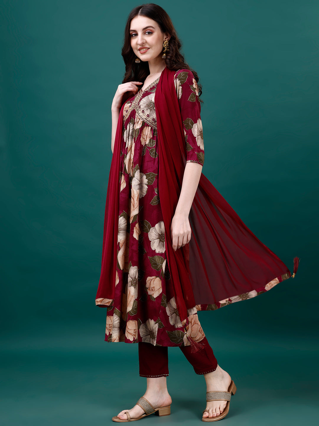Alia Cut Rayon Embroidered & Floral Printed Kurta With Pant & Dupatta, Multicolor - Hiral Fashion | Grocsy