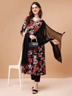 Alia Cut Embroidered & Floral Printed Rayon Kurta With Pant & Dupatta, Multicolor - Hiral Fashion | Grocsy