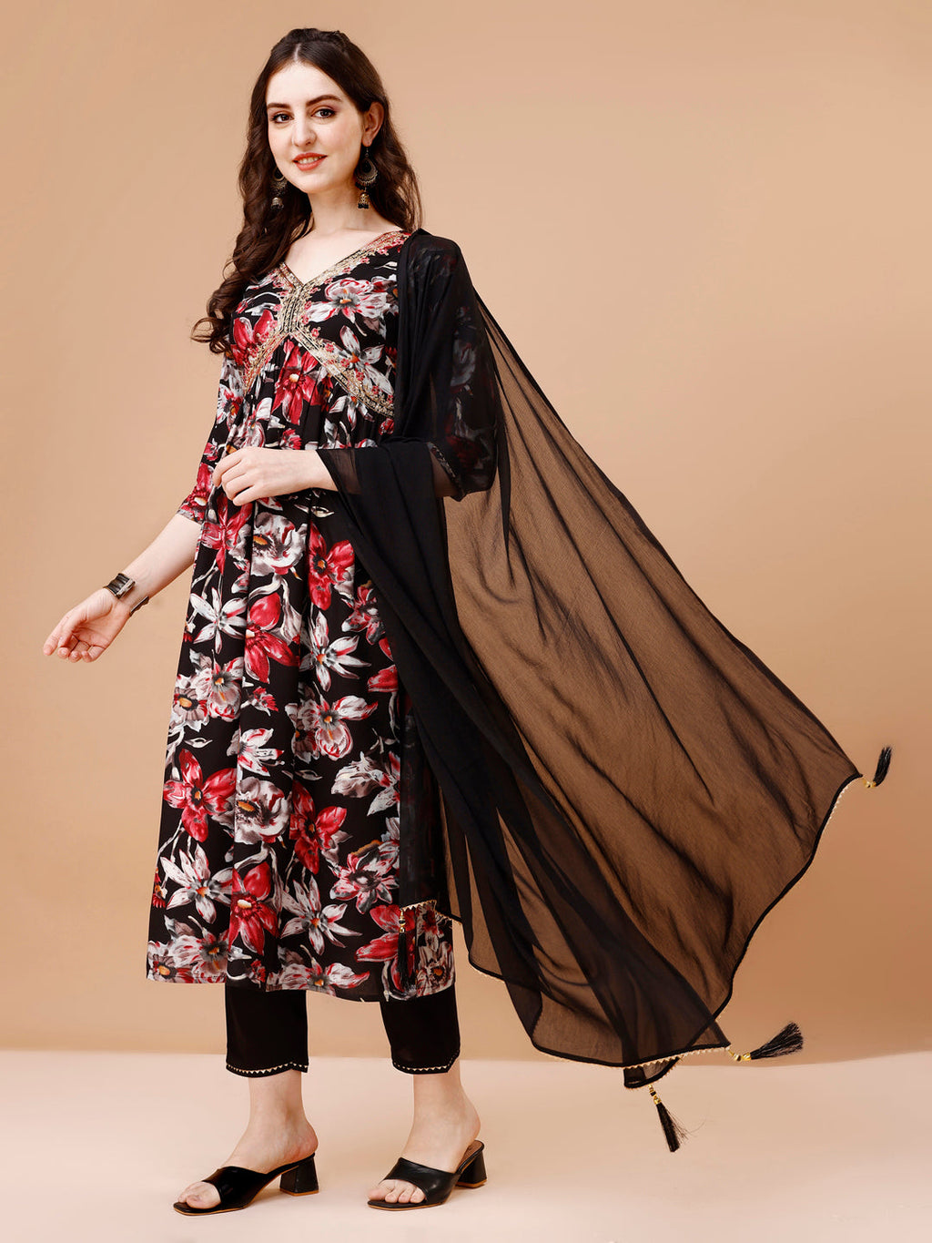 Alia Cut Embroidered & Floral Printed Rayon Kurta With Pant & Dupatta, Multicolor - Hiral Fashion | Grocsy