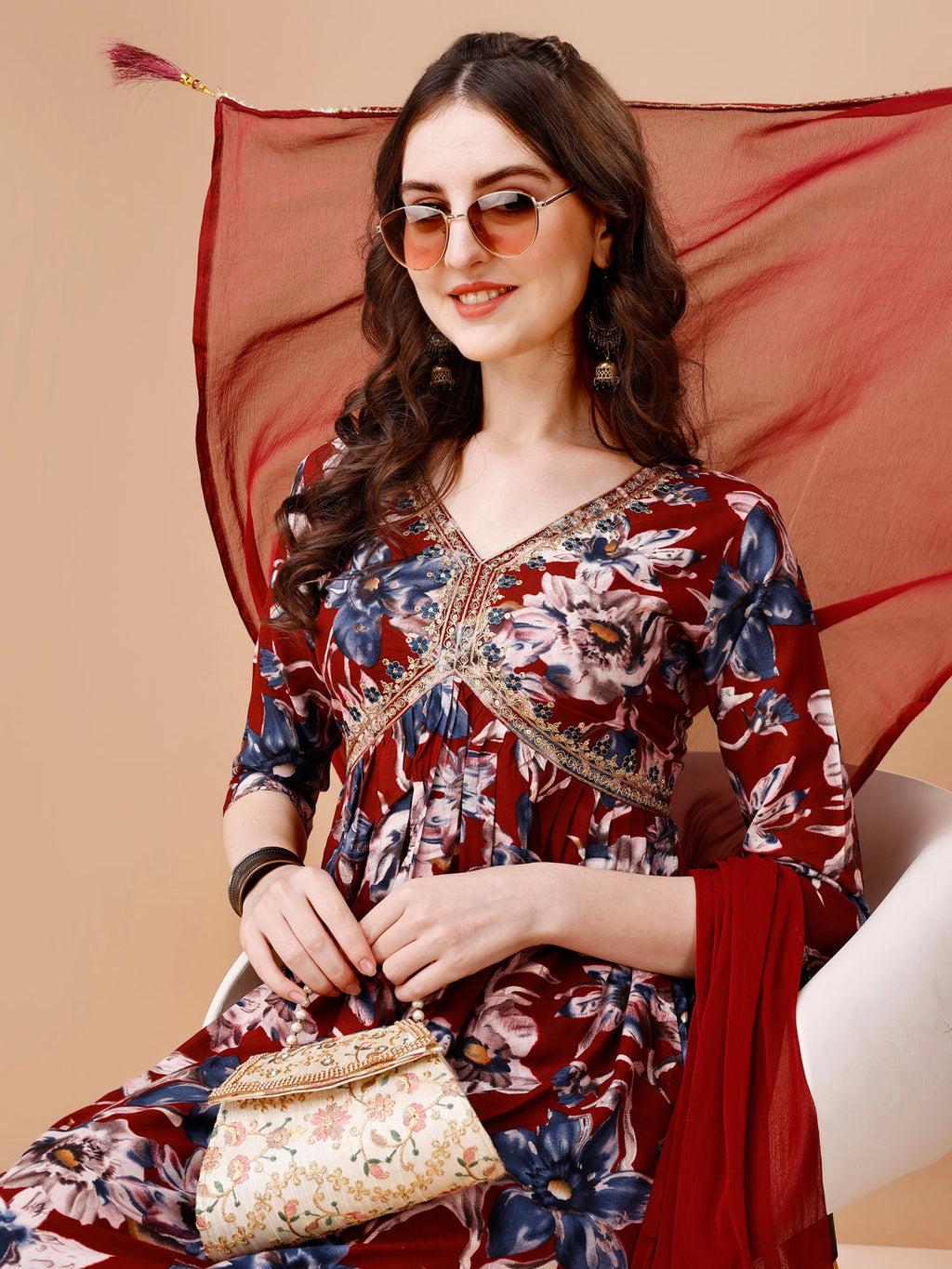 Alia Cut Embroidered & Floral Printed Rayon Kurta With Pant & Dupatta, Multicolor - Hiral Fashion | Grocsy