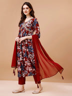 Alia Cut Embroidered & Floral Printed Rayon Kurta With Pant & Dupatta, Multicolor - Hiral Fashion | Grocsy