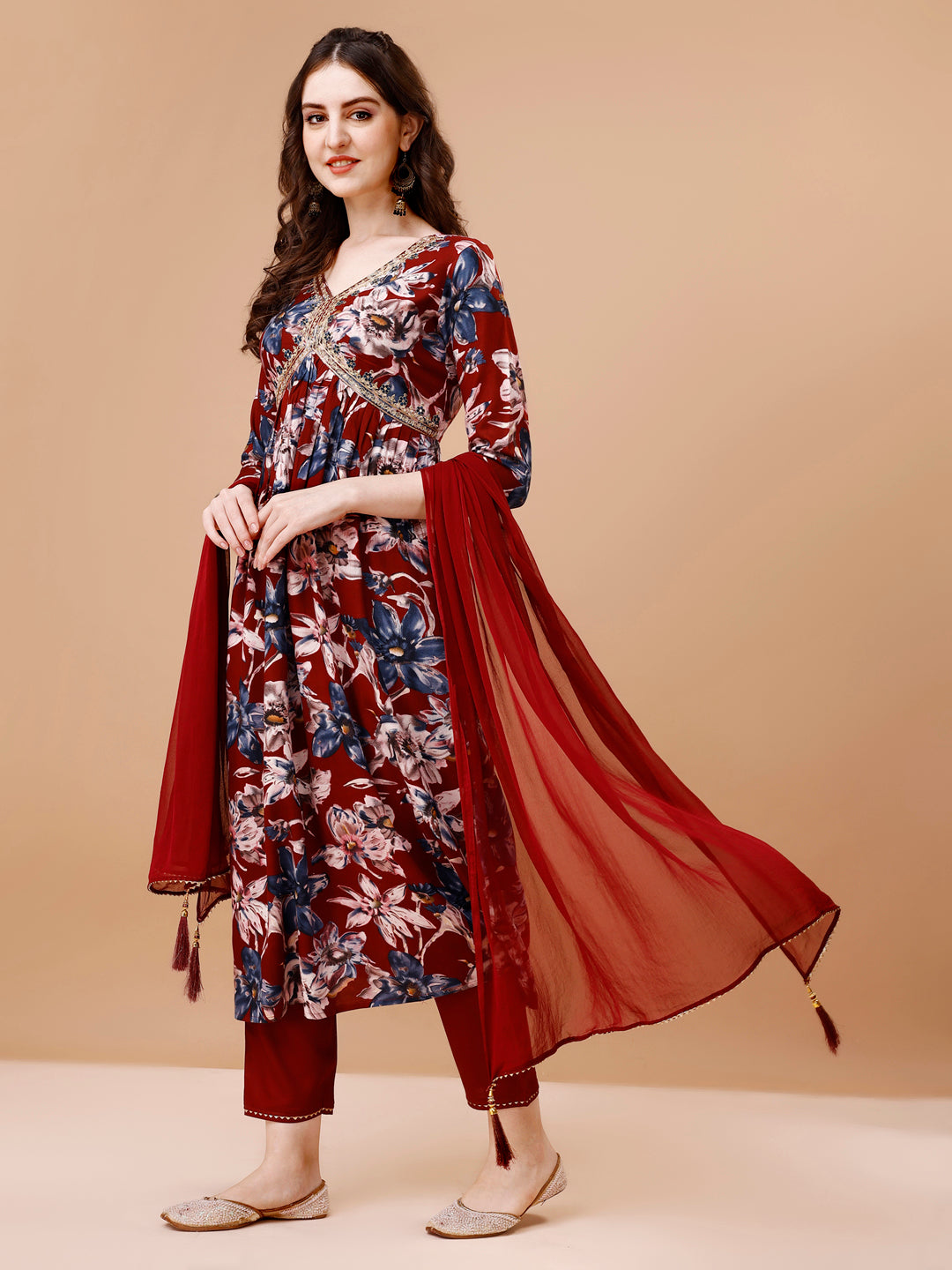 Alia Cut Embroidered & Floral Printed Rayon Kurta With Pant & Dupatta, Multicolor - Hiral Fashion | Grocsy