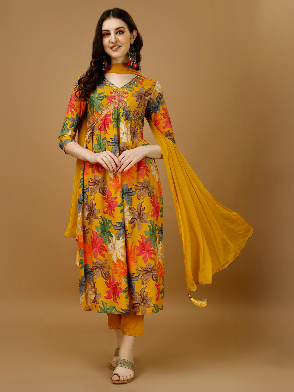 Alia Cut Rayon Embroidered & Floral Printed Kurta With Pant & Dupatta, Multicolor - Hiral Fashion | Grocsy