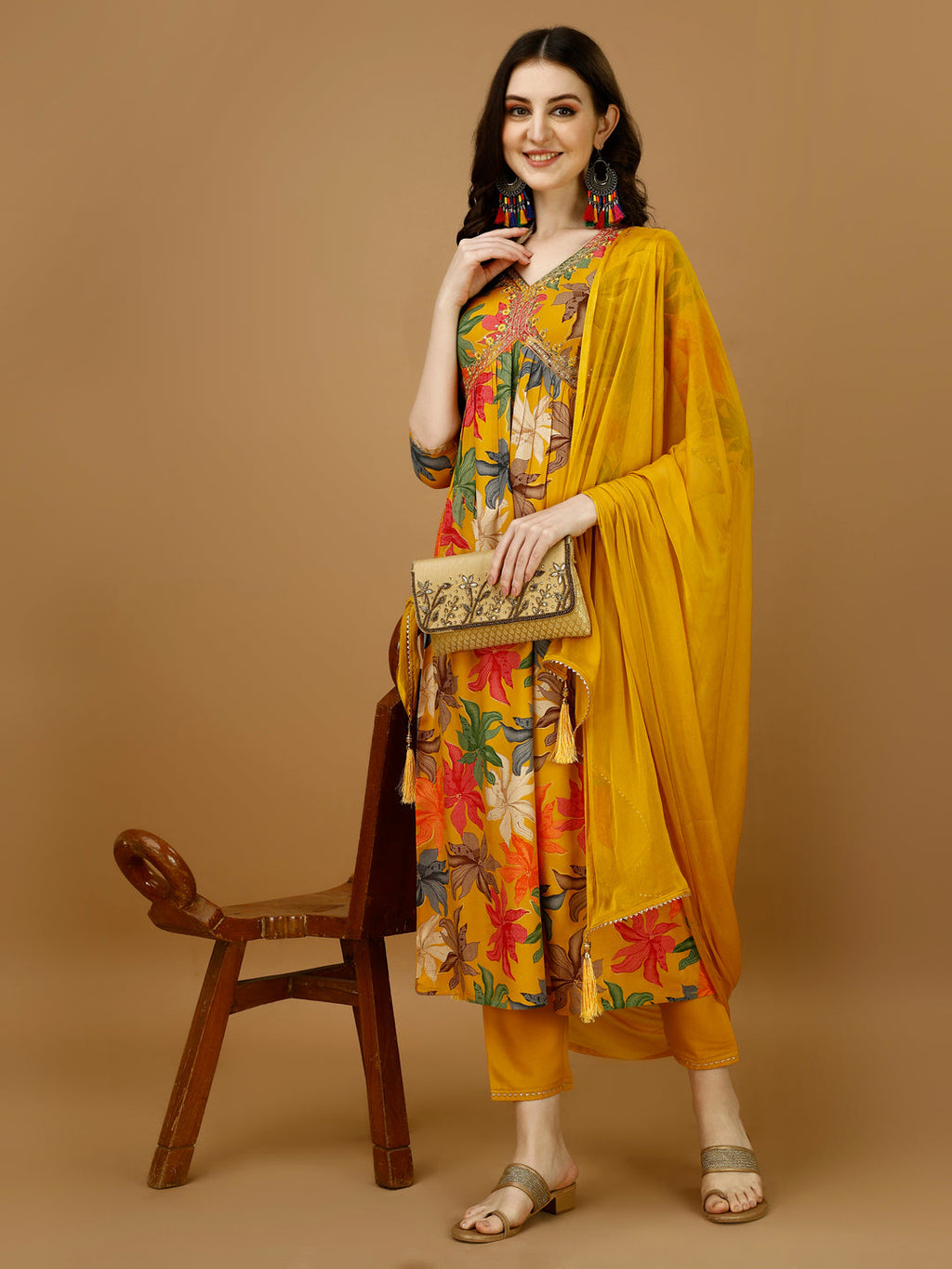 Alia Cut Rayon Embroidered & Floral Printed Kurta With Pant & Dupatta, Multicolor - Hiral Fashion | Grocsy