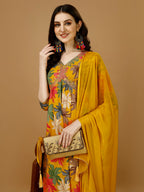 Alia Cut Rayon Embroidered & Floral Printed Kurta With Pant & Dupatta, Multicolor - Hiral Fashion | Grocsy